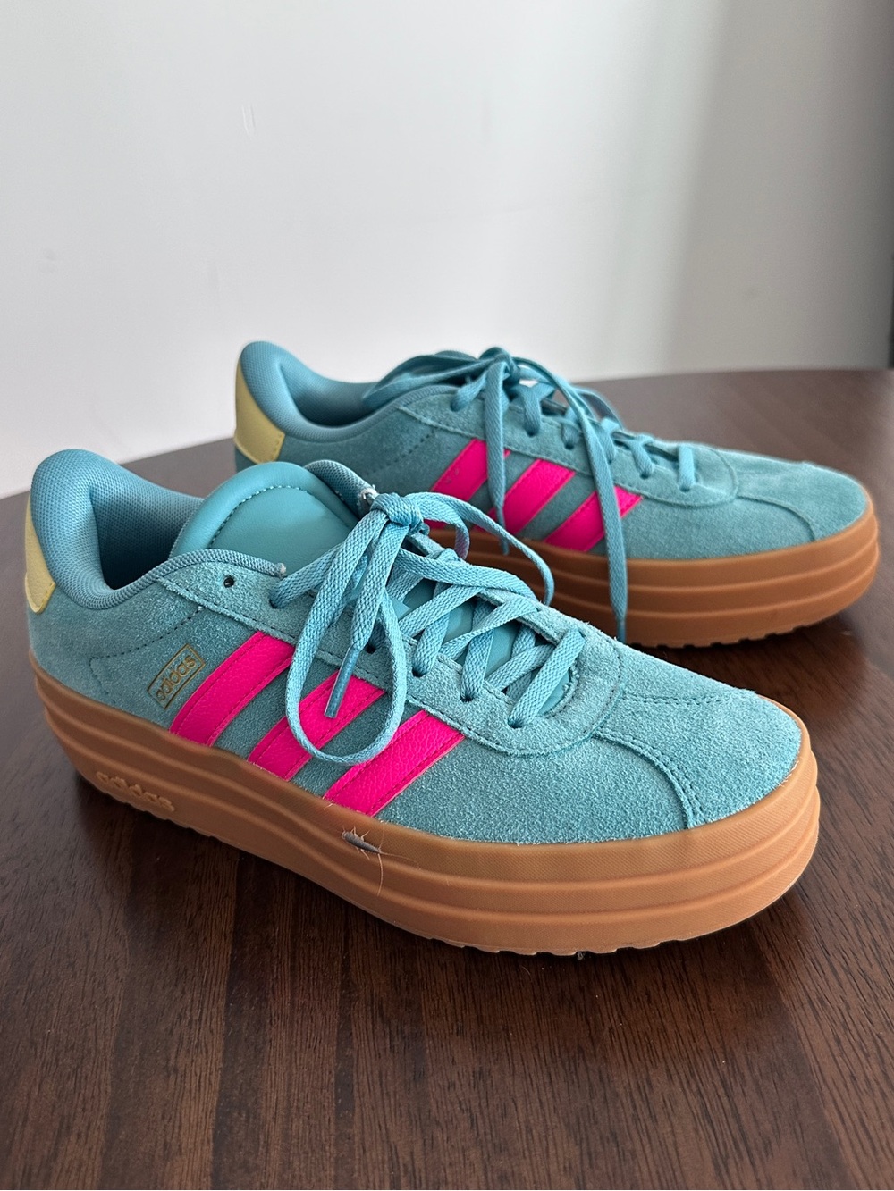 adidas Women’s Turquoise Suede Platform Sneakers with Pink Stripes and Gum Sole